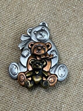 Teddy Trio Metal Pin - Silver, Copper & Bronze Tones